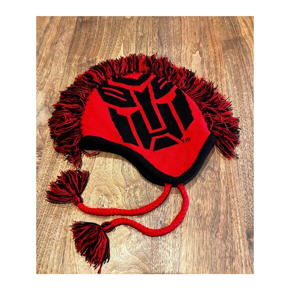 Universal Studios Transformers Hat Knit Tassels Red Black Winter Ear Autobots - Picture 3 of 8